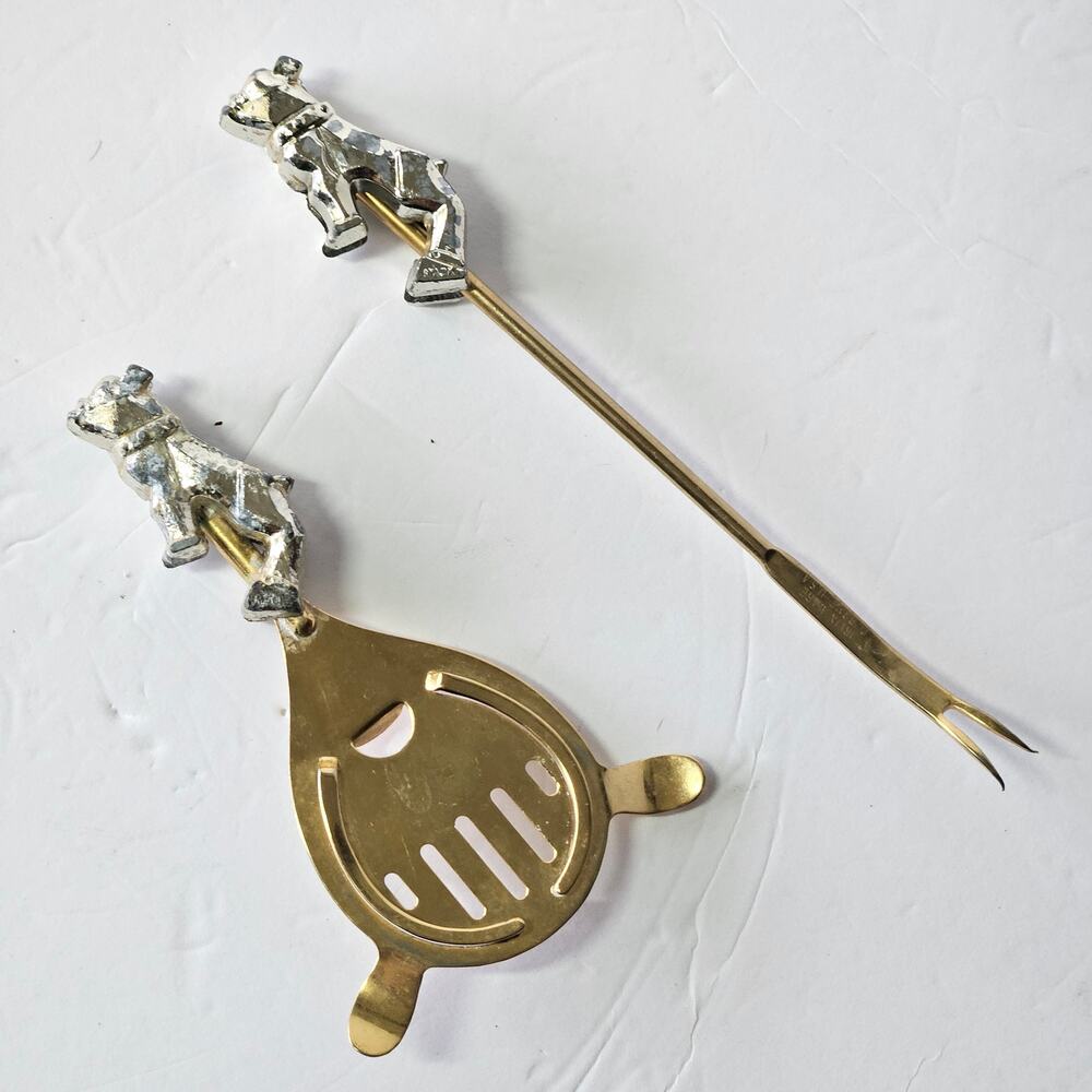 Vintage repurposed Mack Truck Bulldog bar utensils. Chrome & brass. Rare.